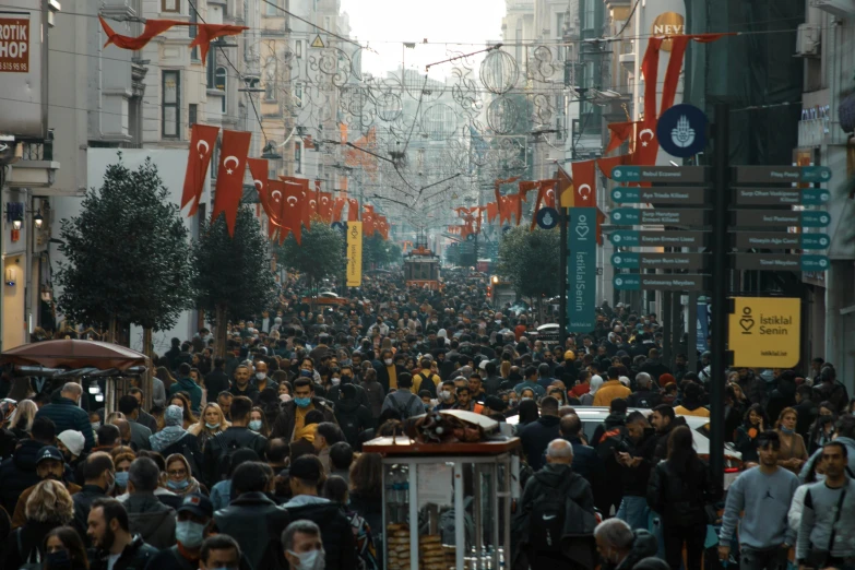 large group of people are walking on the street