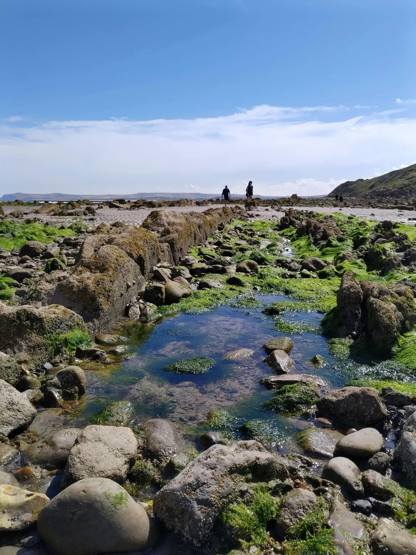 some people are walking by some rocky shores