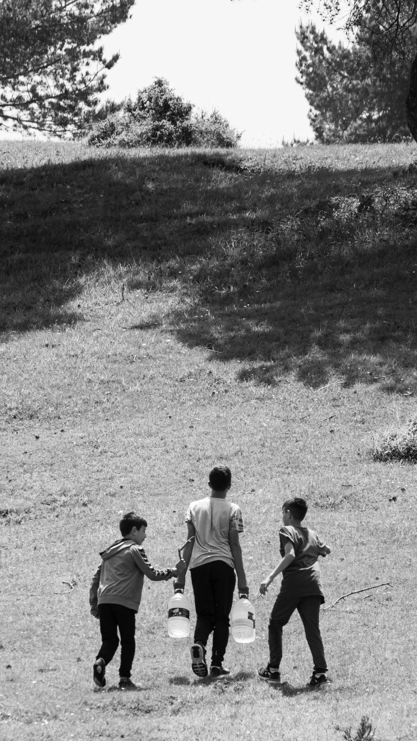 three children holding hands, walking towards the camera