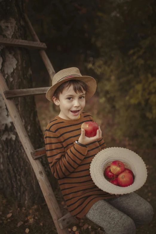 a  sitting in an apple tree while holding a plate