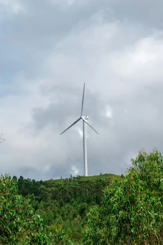 two wind mills that are next to some trees