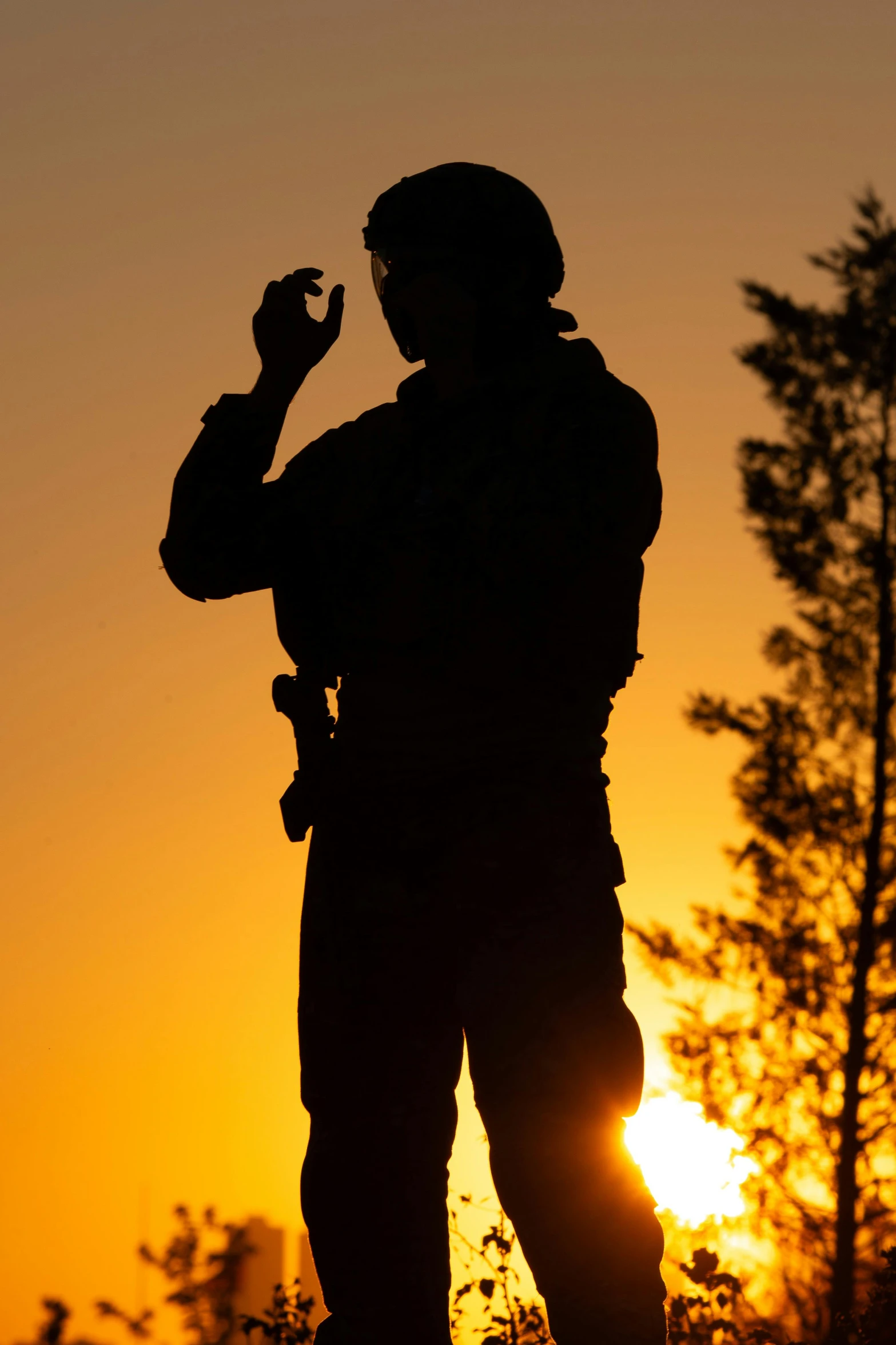 a soldier is standing with his arm raised in front of the sun