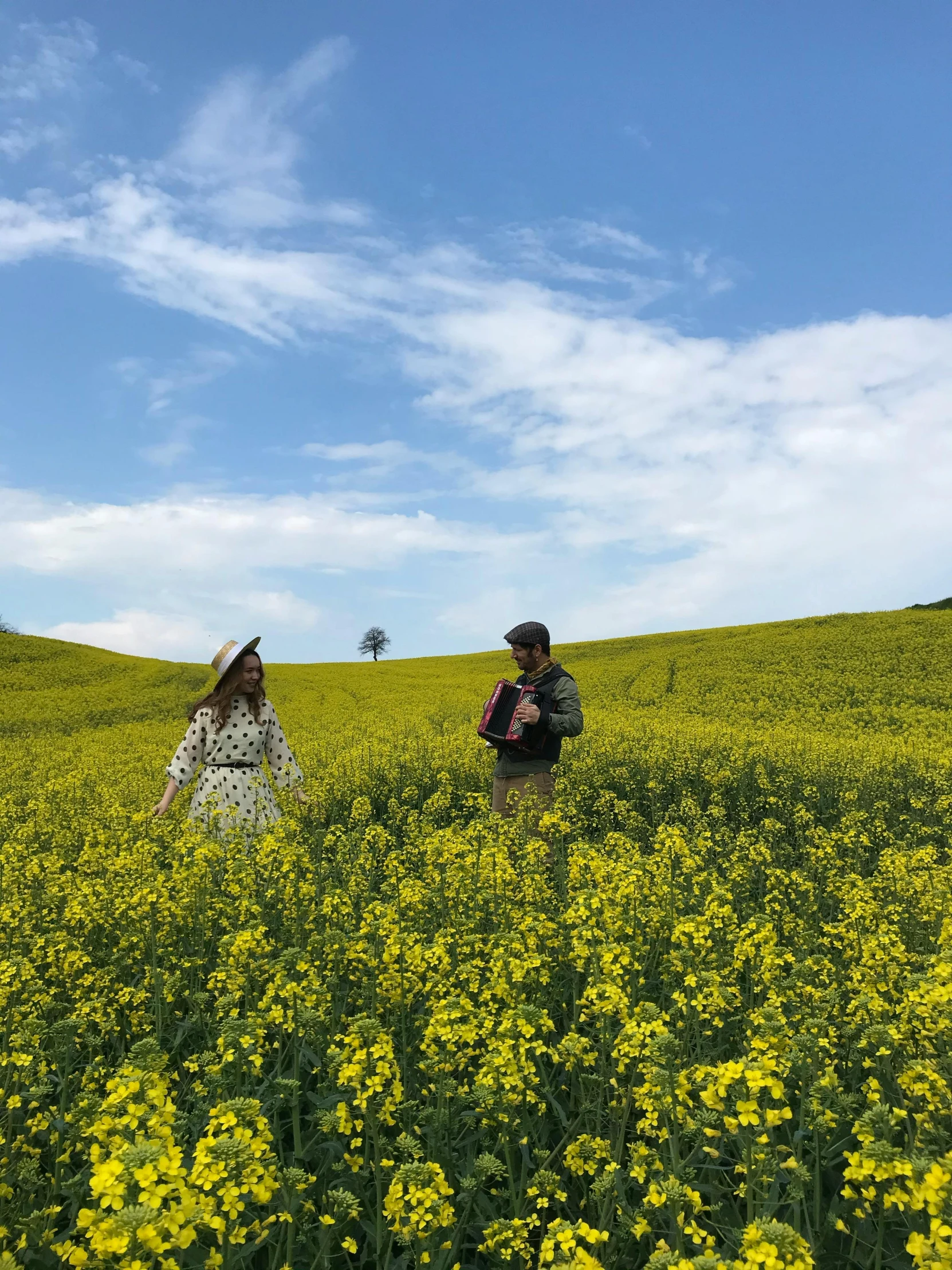 a couple in a field of yellow flowers under a blue sky