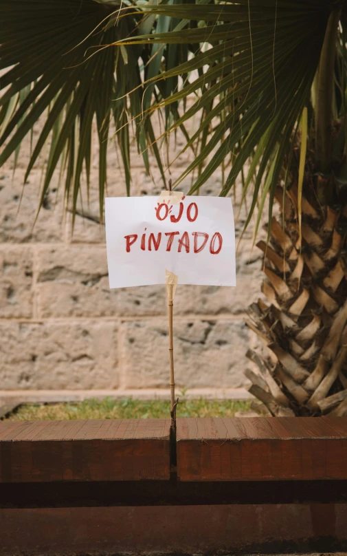 a sign that is on a stick in front of a tree