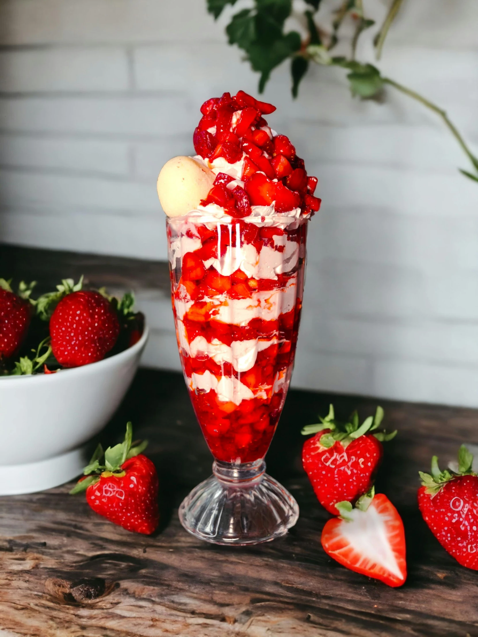 a tall glass of fruit and a bowl of strawberries