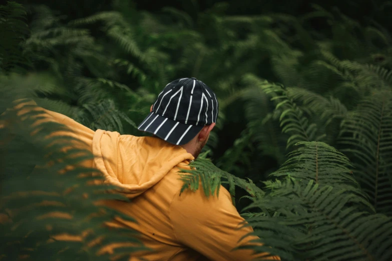 the man is in a forest wearing a hat