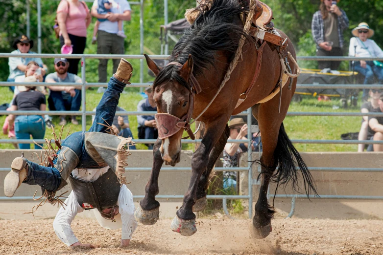 a man being dragged from a horse by another man