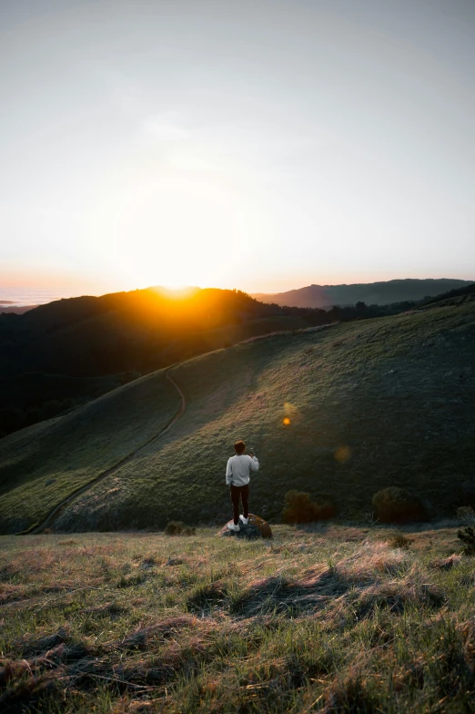 a man standing on the side of a lush green hillside