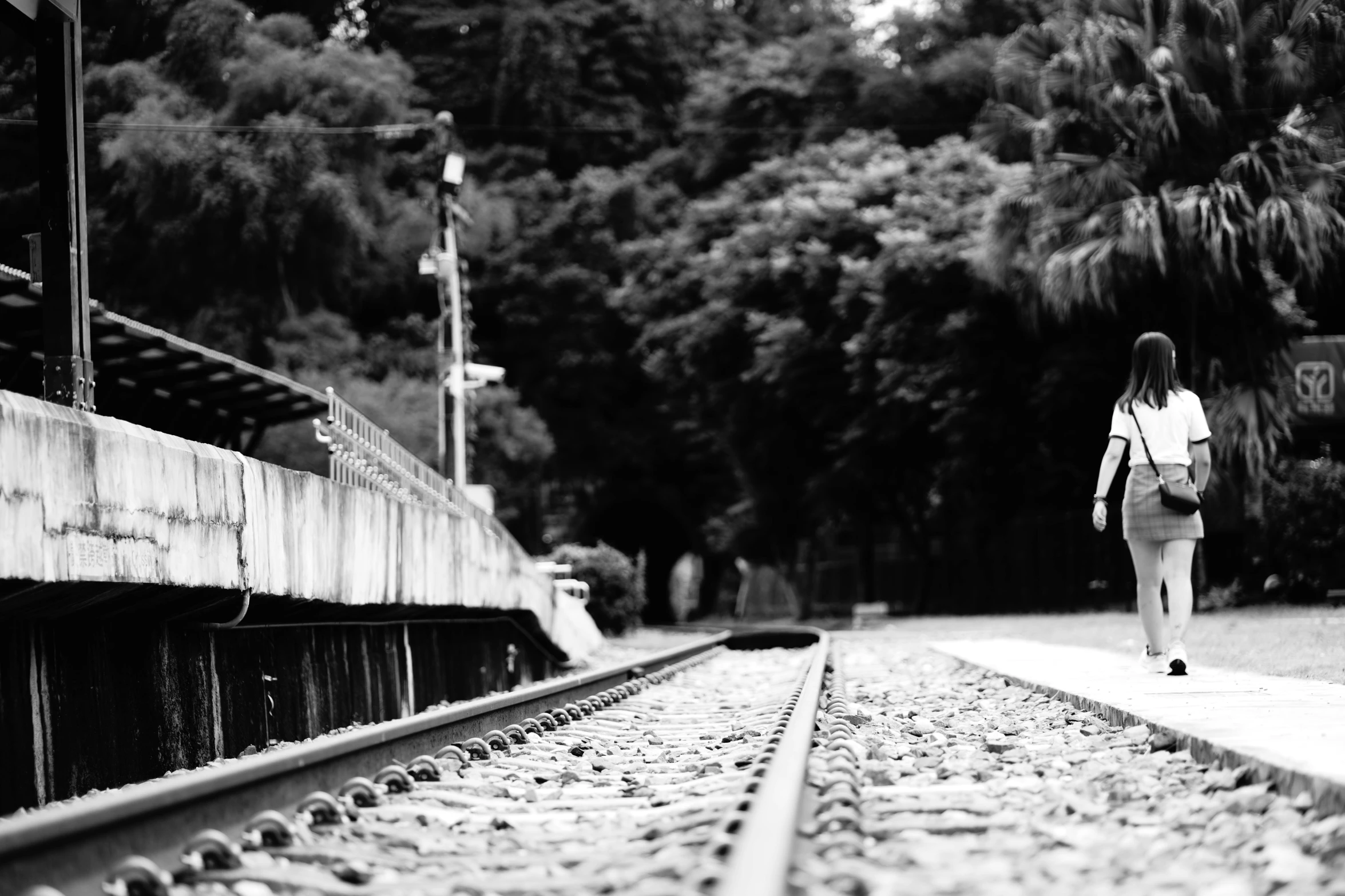 a person walking along a rail road track