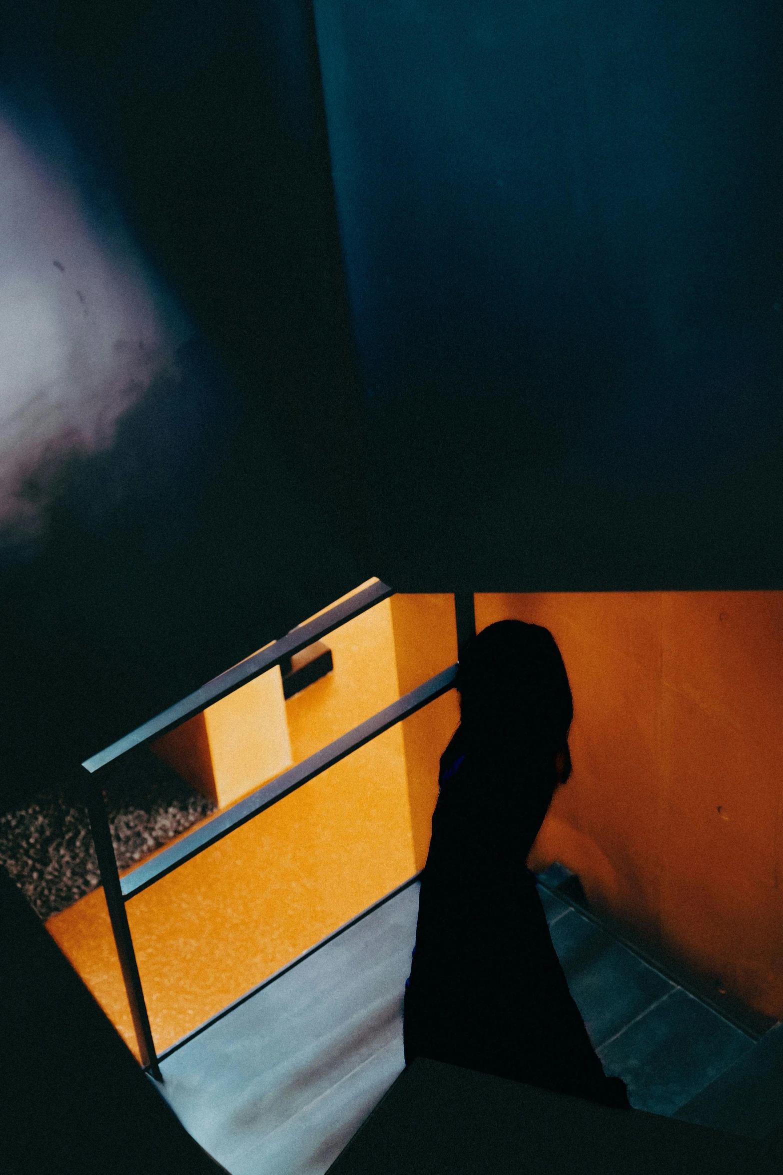 a dark person with long hair standing at the top of a stair