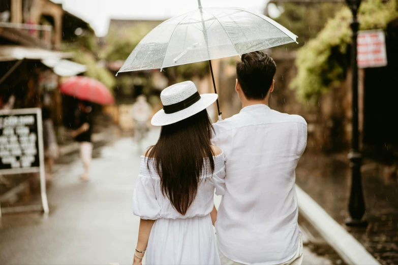 a man and woman are holding an umbrella