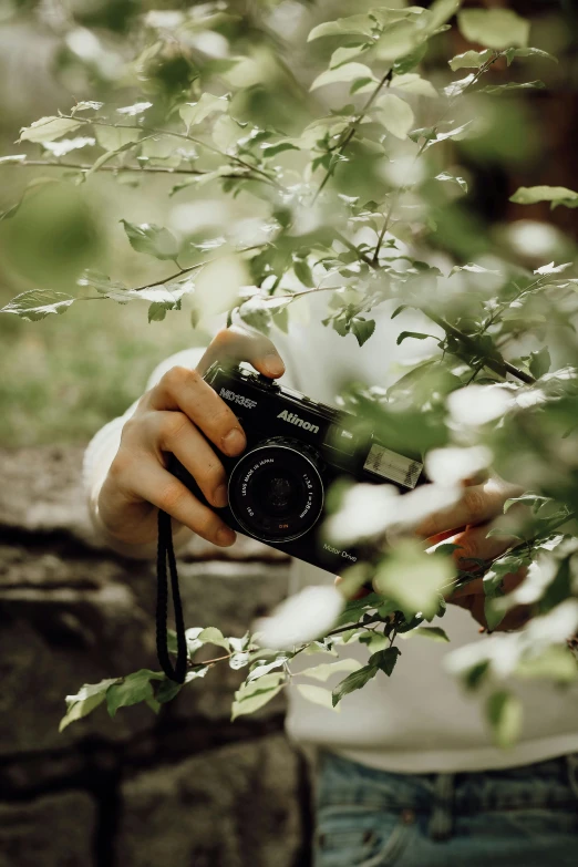 someone holding up a camera in front of some bushes