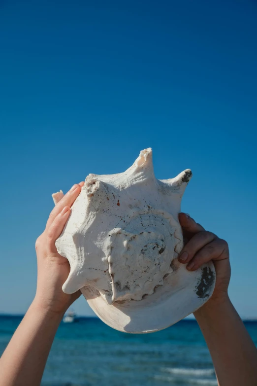 a person holding a shell over their face