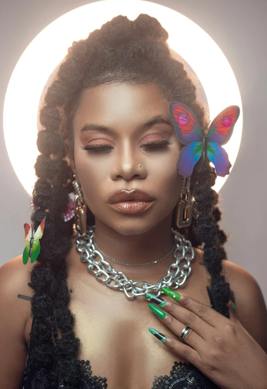 an african american woman with erfly hair and jewelry