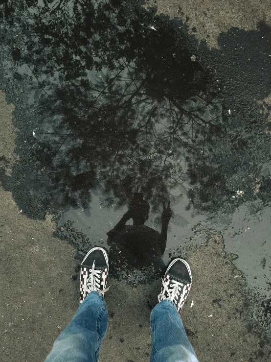 man standing on concrete with tree reflecting in water