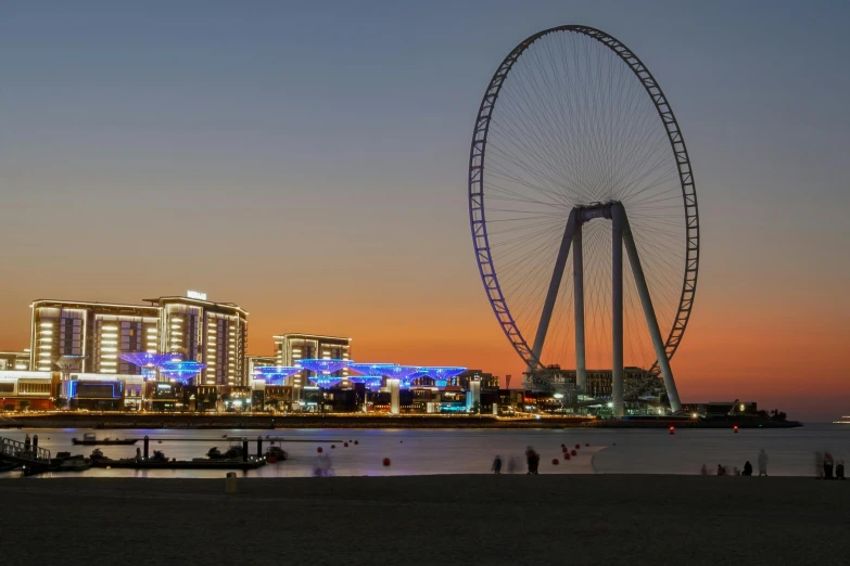 a city skyline at night with a large ferris wheel in front