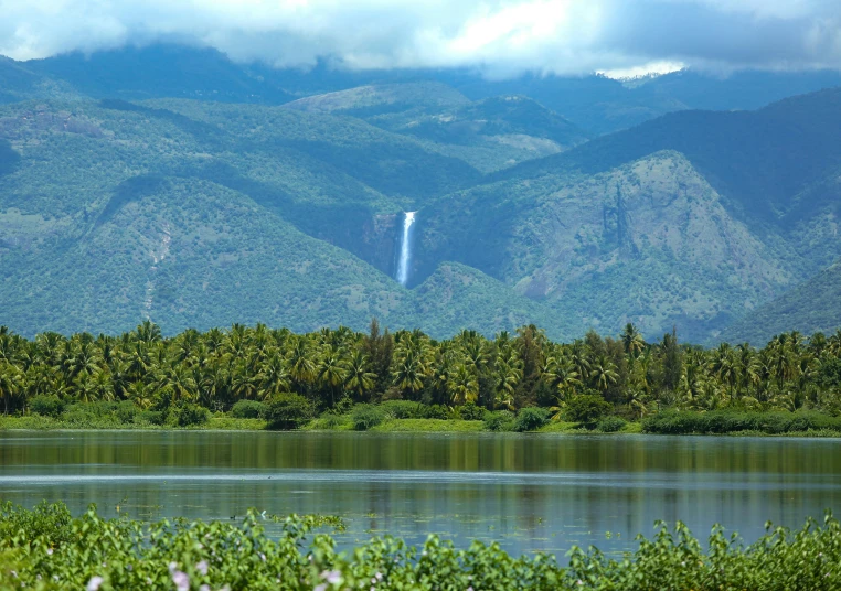 water that is very close to the grass near mountains