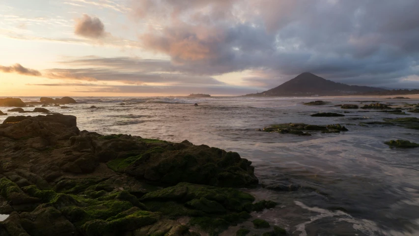 some rocks are covered with green algae as the sun sets