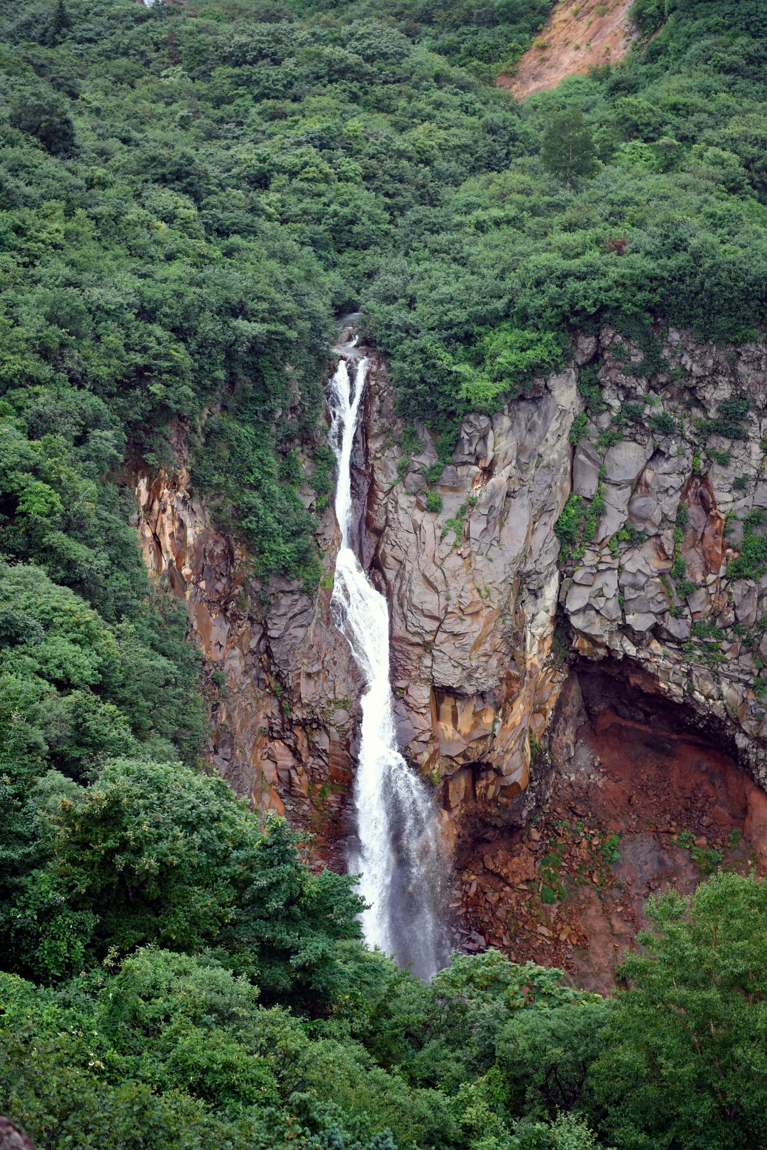 there is a very tall waterfall near a wooded area