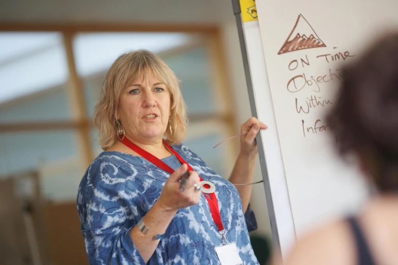 a woman is standing in front of a whiteboard and holding a marker