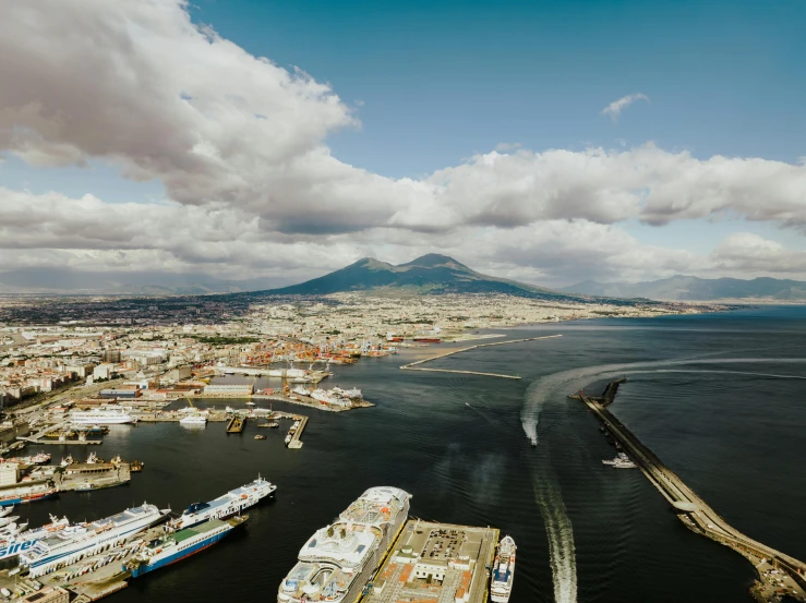 an aerial s of a boat in a harbor