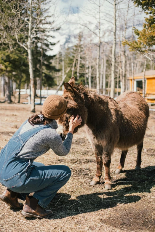 a person kneeling down with a small pony nearby