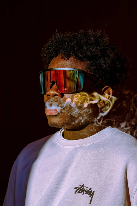 a man wearing mirrored glasses smokes a cigarette