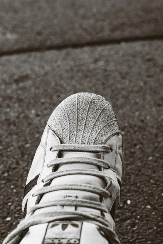 an overhead s of a sneaker in black and white