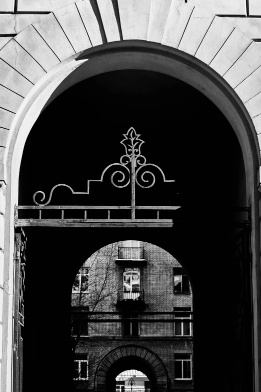 a black and white po of an entrance to an old building