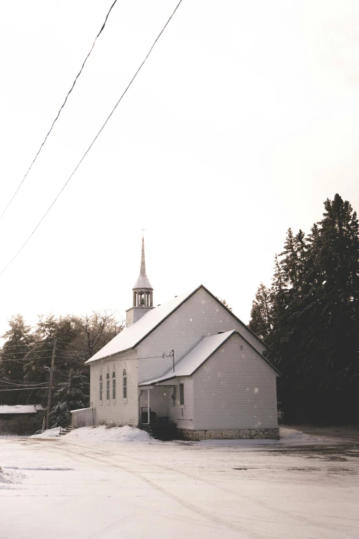 a small church on a snowy road