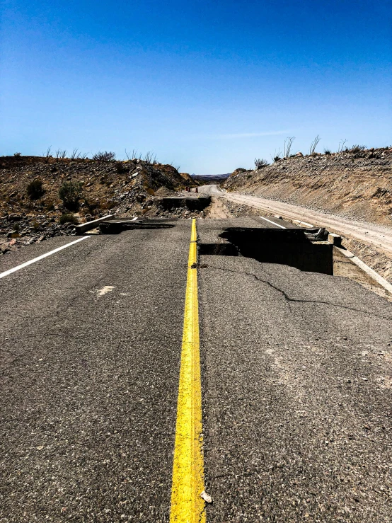 two yellow lines are painted on the side of the road