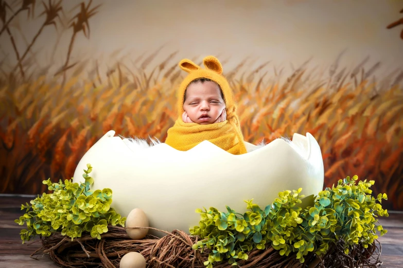 a small baby in a fake egg on a desk