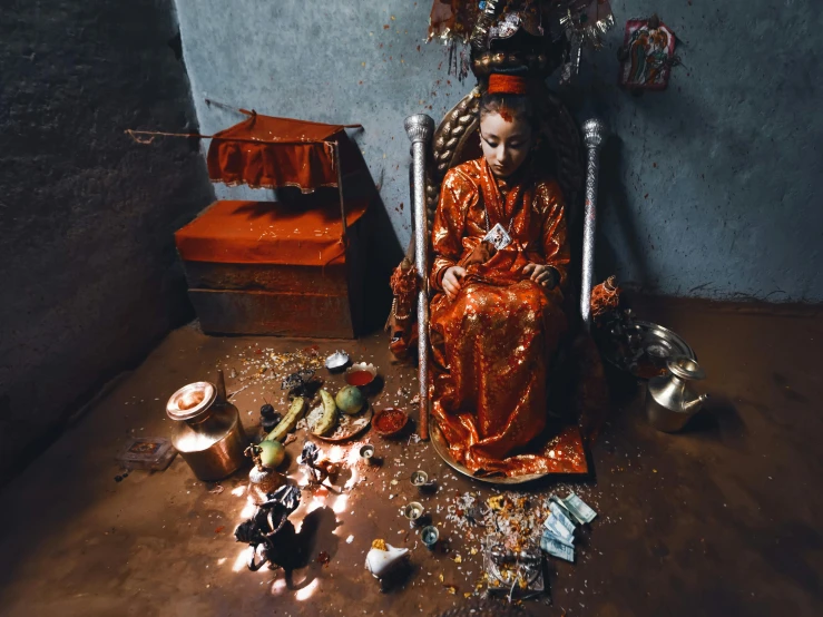 an old woman sitting on a chair near many different objects