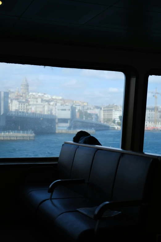 the black and white dog has head by the window