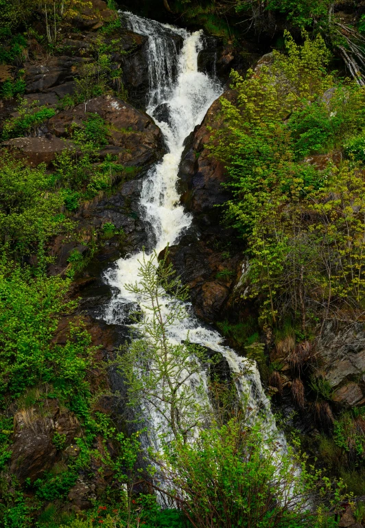 a small waterfall is seen near some rocks