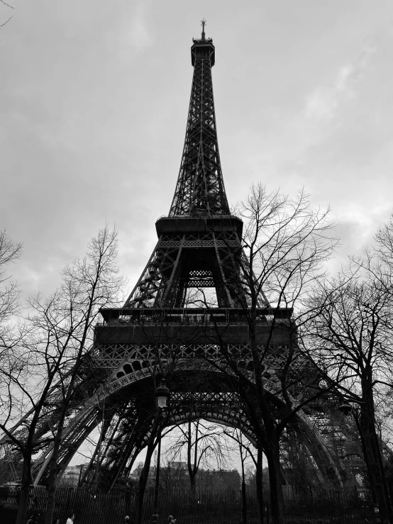 black and white po of the eiffel tower from below