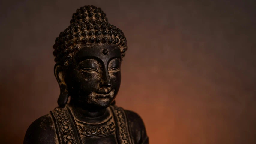 a black statue sits on a brown surface