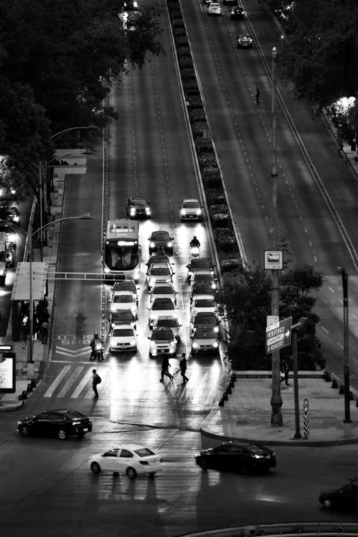 black and white po of cars driving at night
