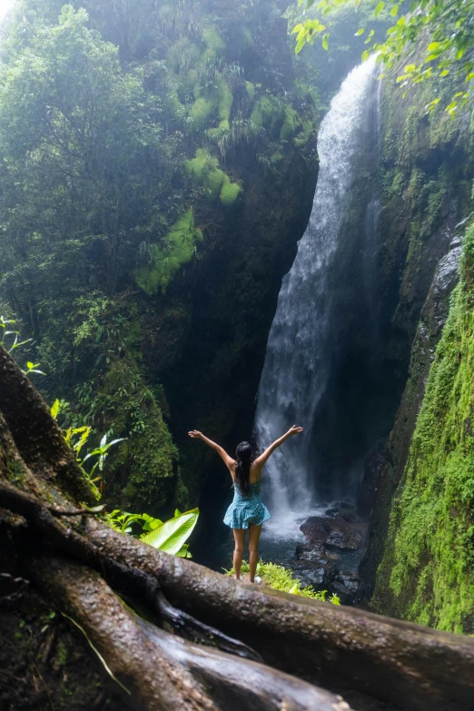 the woman in blue dress standing in front of a waterfall