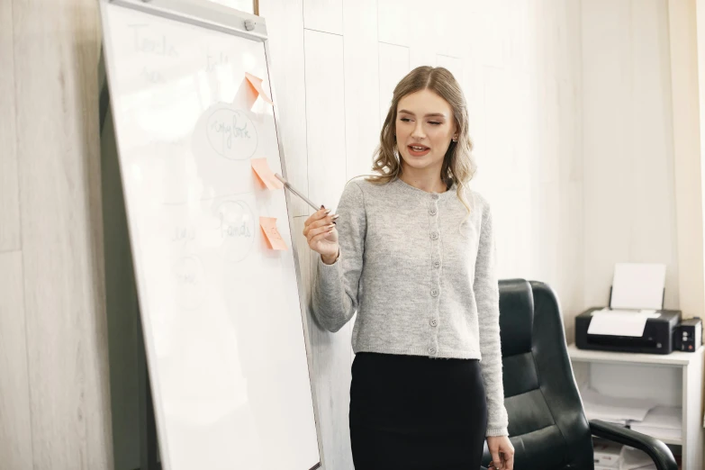 a girl looking at a dry erase marker board