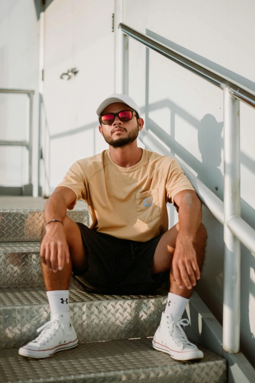 a man in sunglasses sits on steps outside