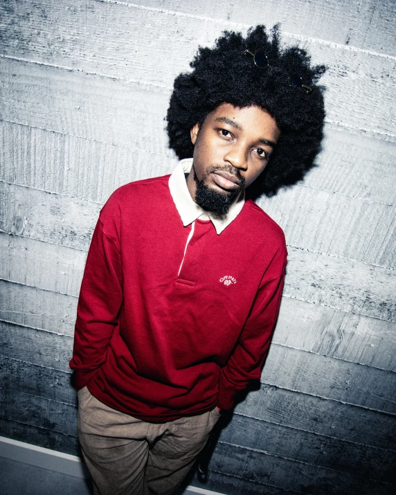 a young man wearing a red sweater and a hairdof