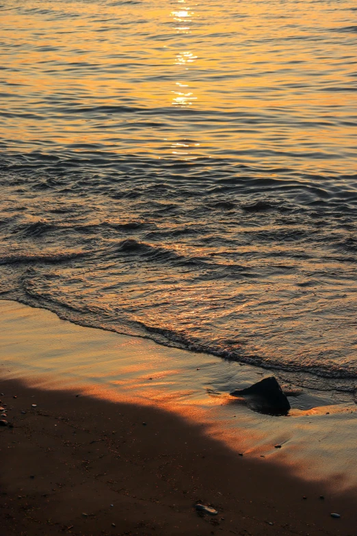 the sun sets over a sandy beach by the ocean