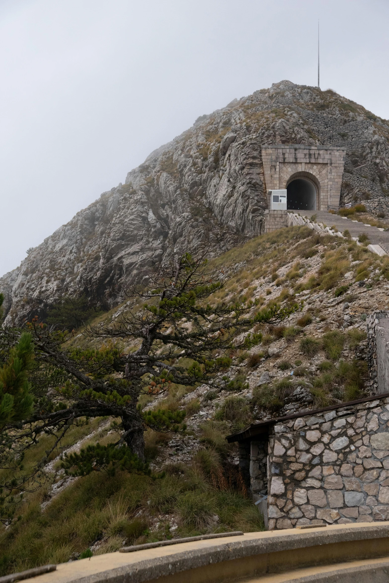 a large stone building next to a small tree