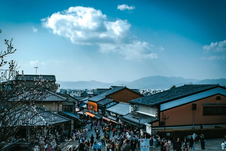 the view of a crowded asian city is shown from a distance