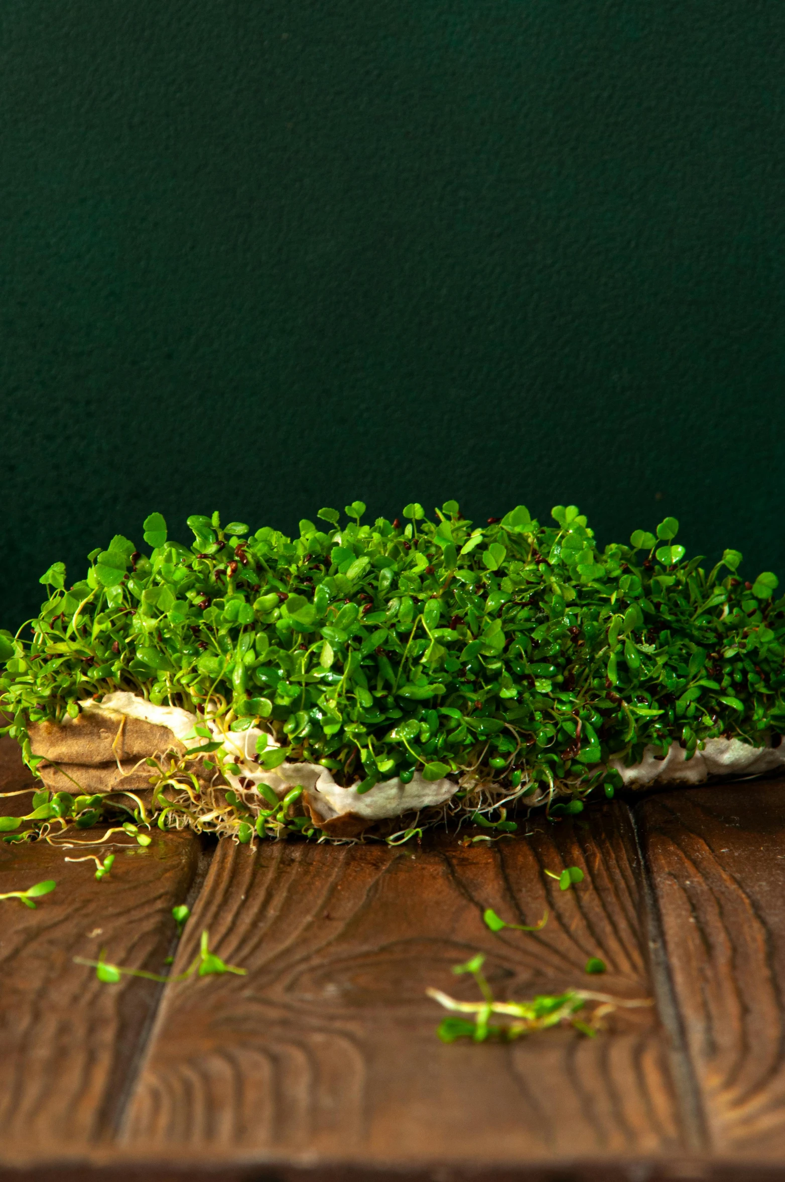 a wooden table topped with a bowl filled with green leaves