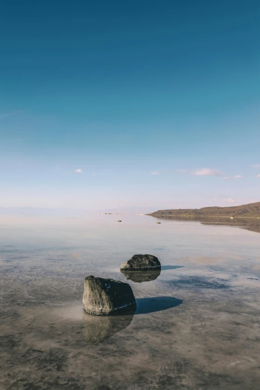 two rocks are in the shallow water, looking out to the horizon