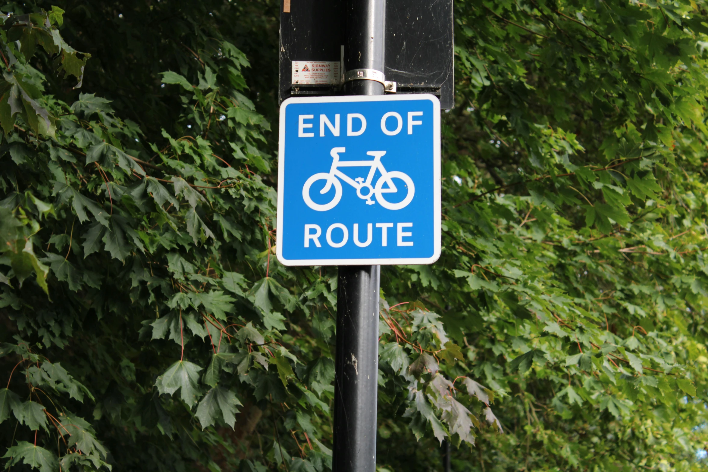 a blue sign that is on a metal pole