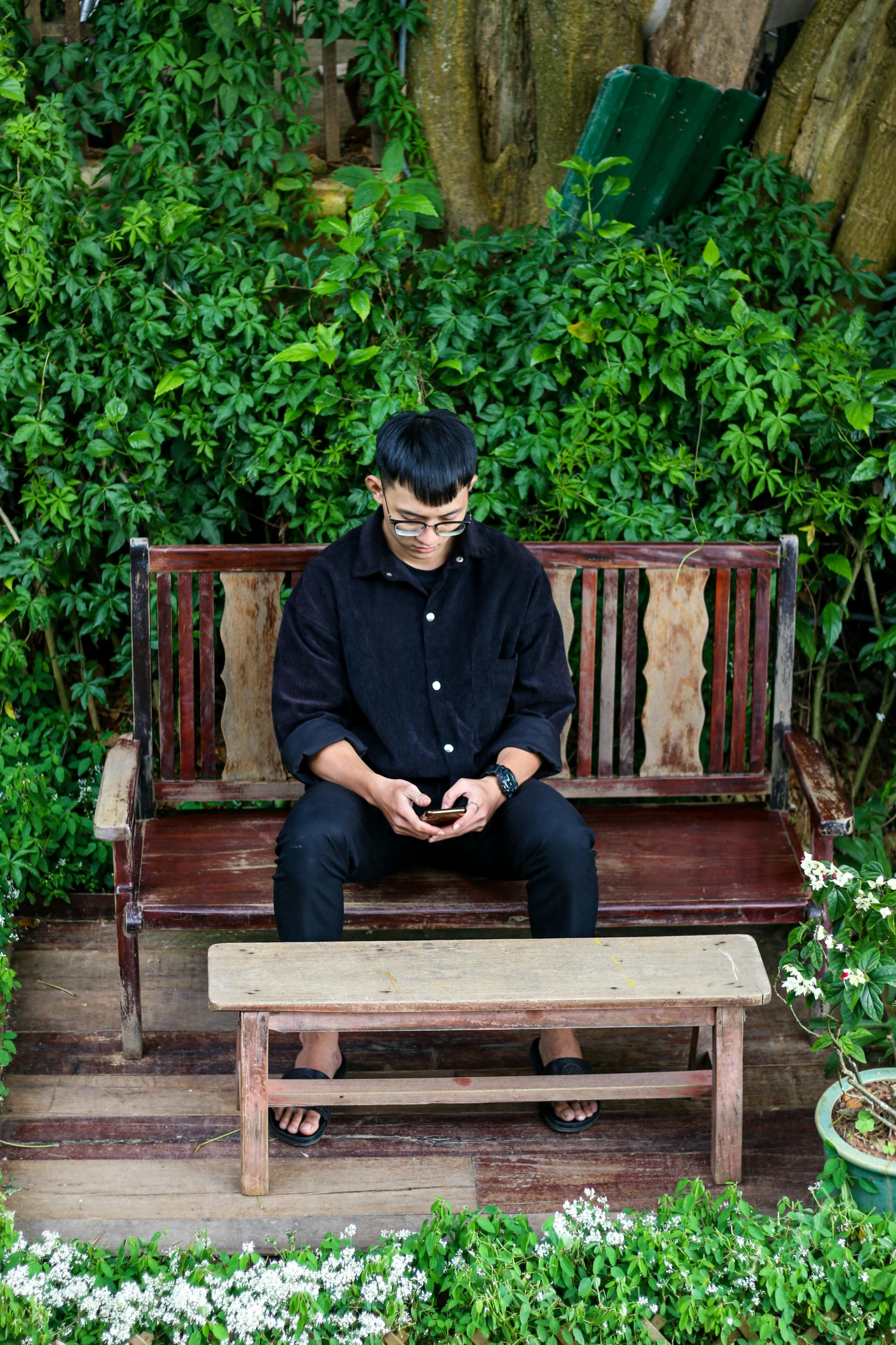 a person sits on a bench in a forest of plants