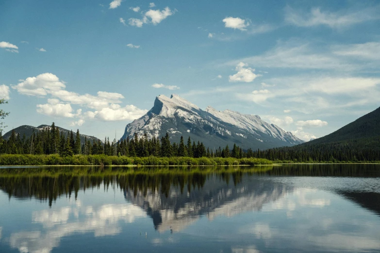 the mountains are reflected in the still water